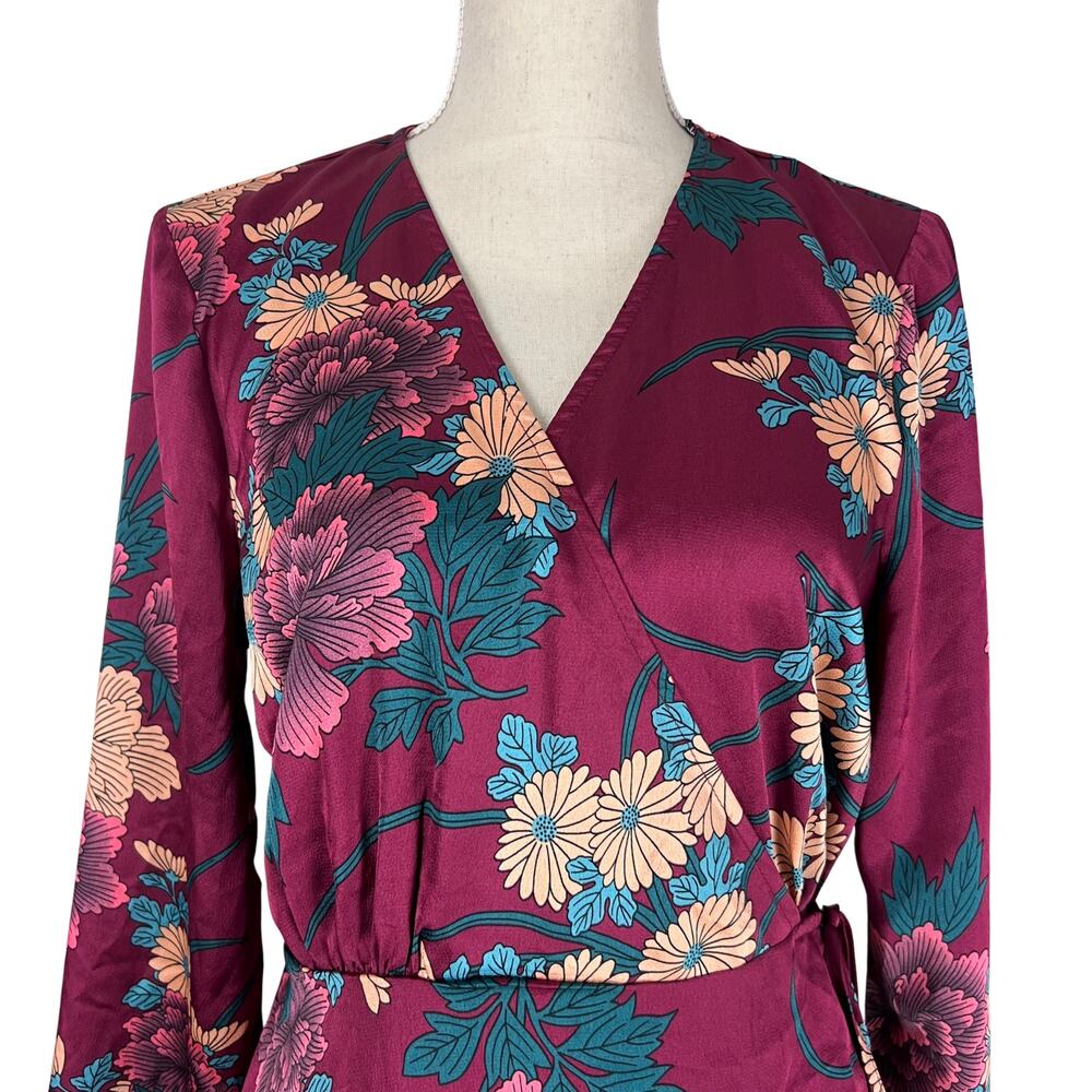Lulus Love Is Life Floral Satin Mini Wrap Dress Wine Burgundy Floral Long Sleeve - Picture 5 of 10